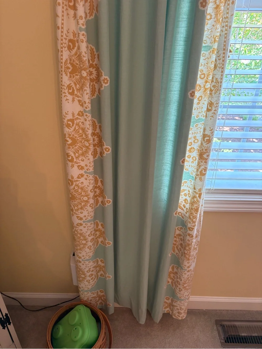 2 Anthropologie Curtain Panels - Tiya - Mint and Mustard with tassels